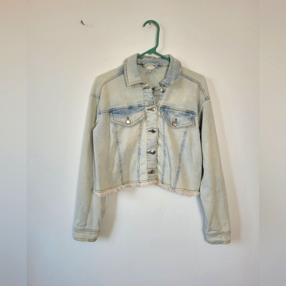 Venus Cropped Acid Wash Denim Jean Jacket Fringe Trim Grunge 90s Biker Small